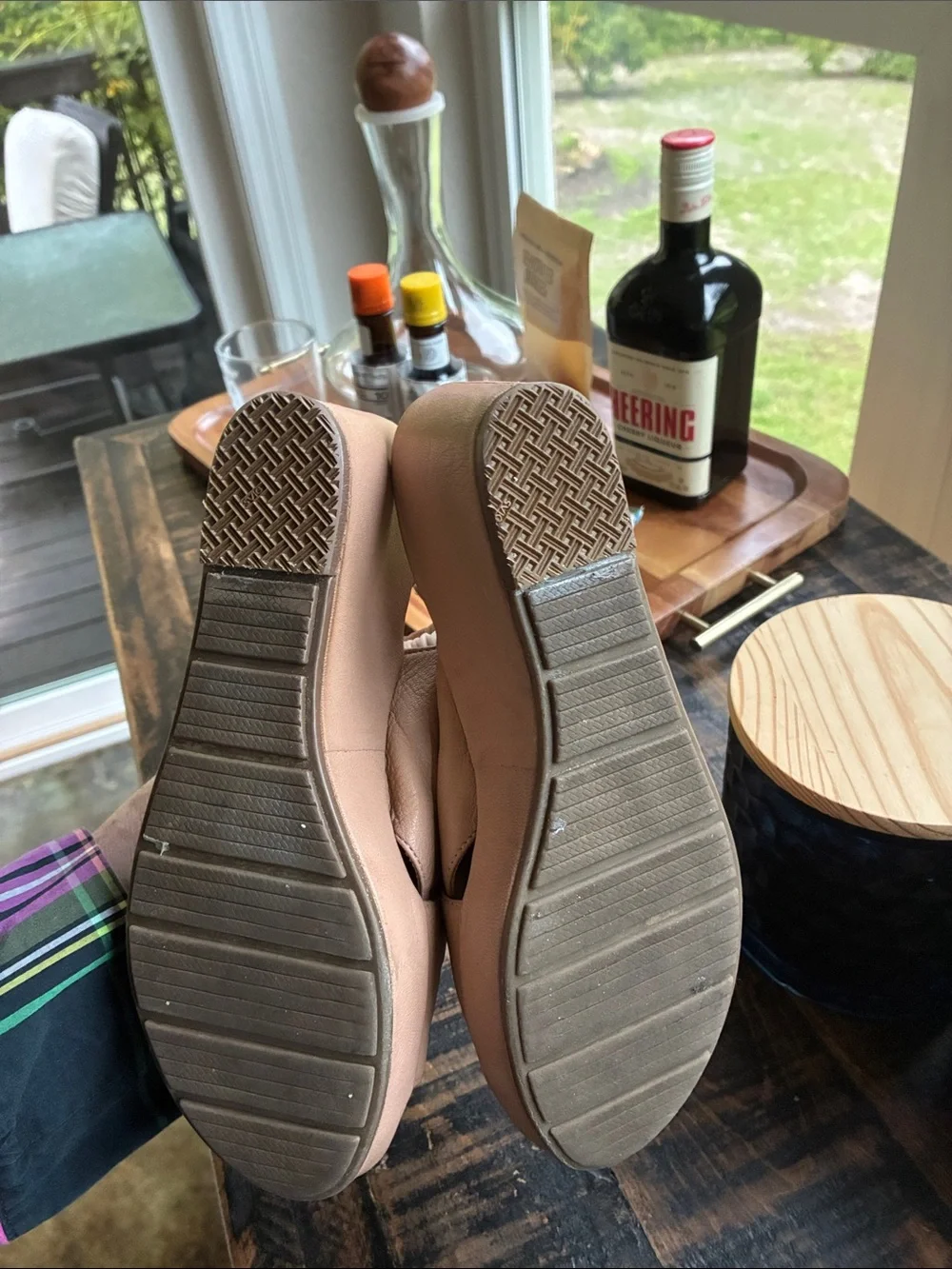 me too Neutral Tan Crisscross Wedge Sandals